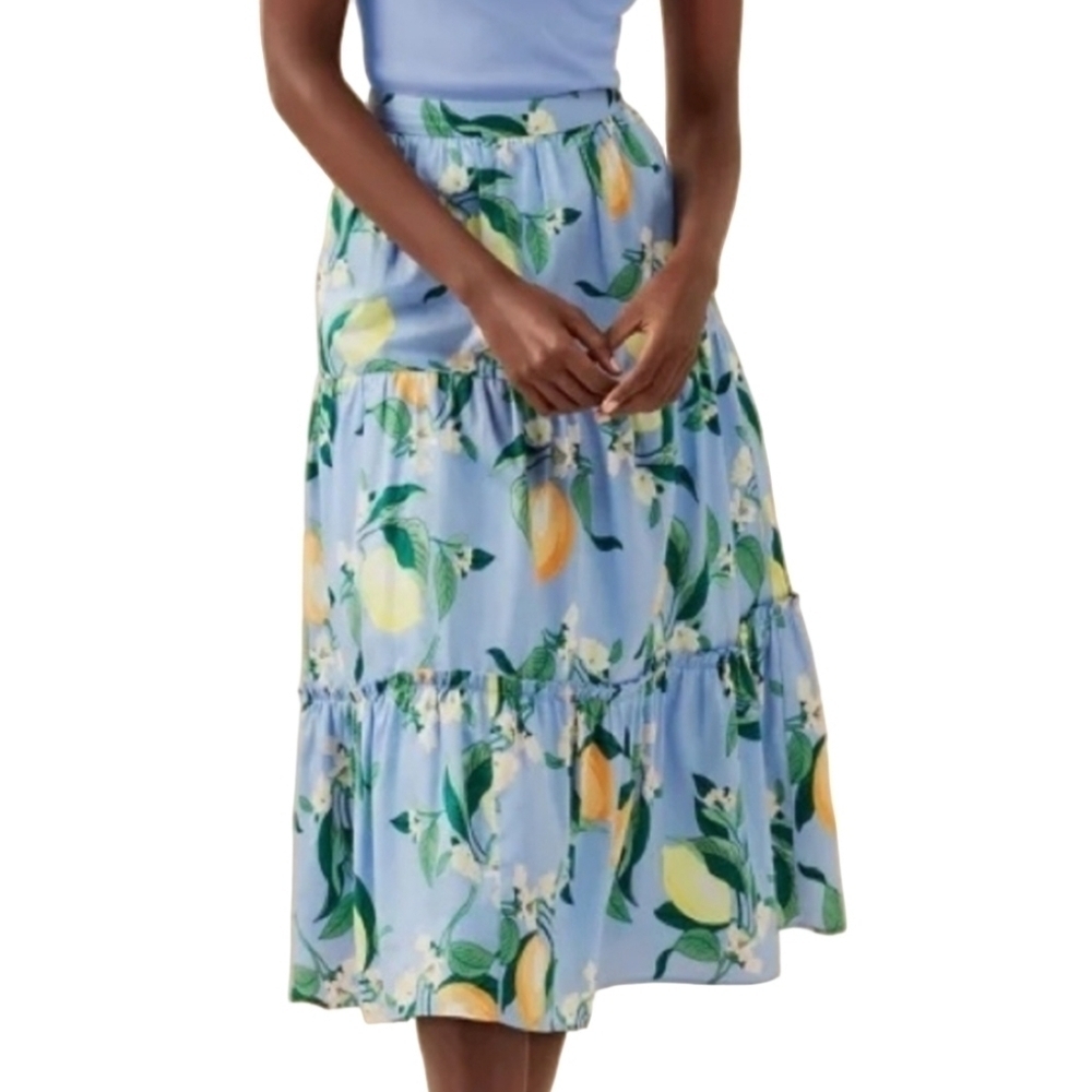 Ann Taylor Factory Lemon Print Tiered Midi Skirt - Blue & Yellow - Size 4P